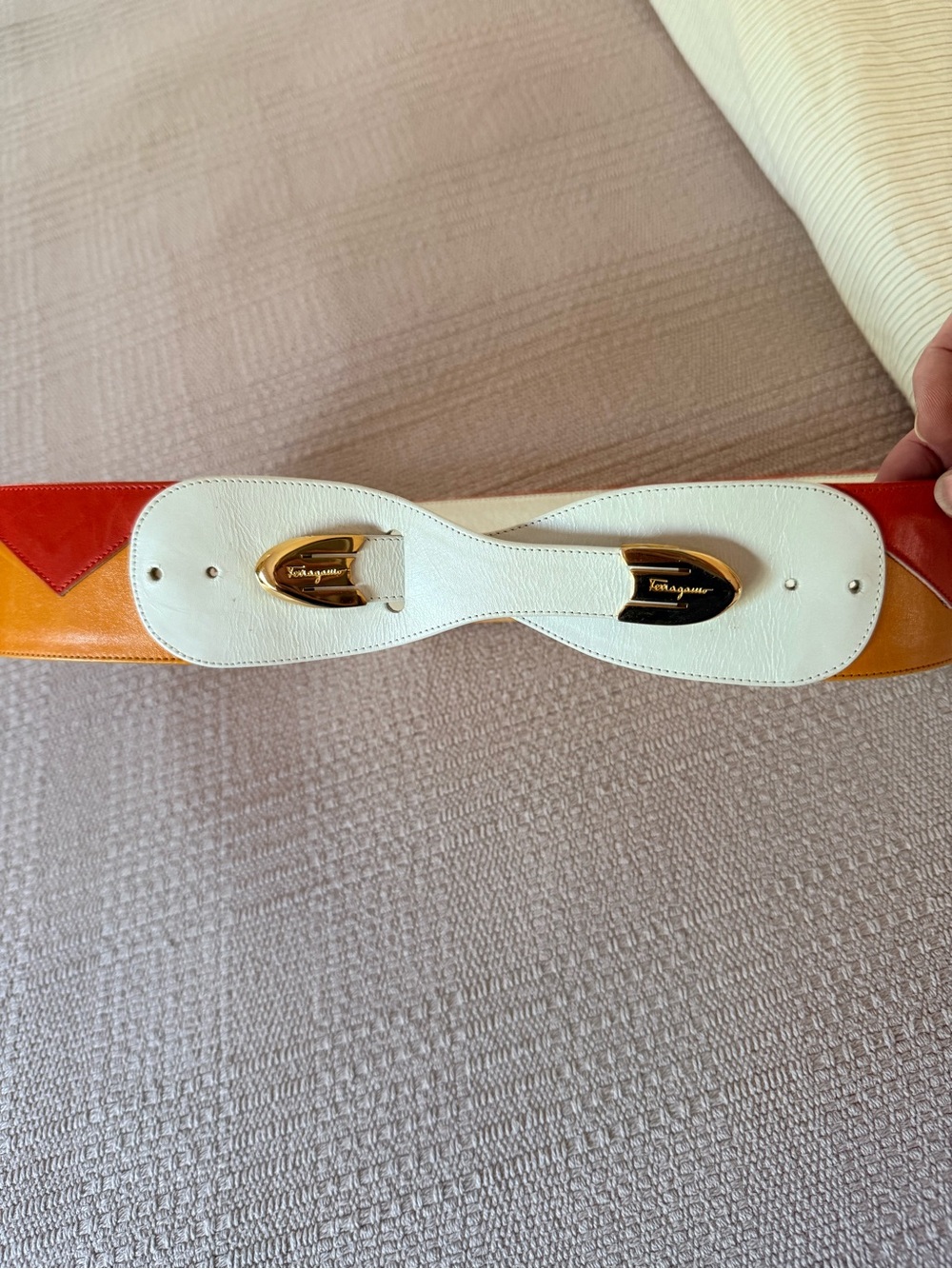 Salvatore Ferragamo White Leather Belt with Red and Orange Accents. Adjustable